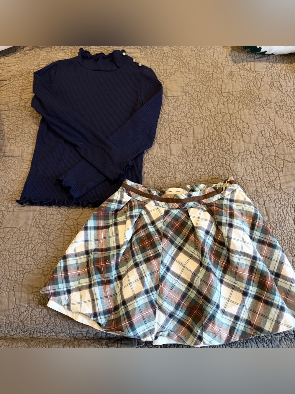 Janie and Jack Girls Navy Ribbed Top Plaid Horsebit Skirt Outfit Size 6
